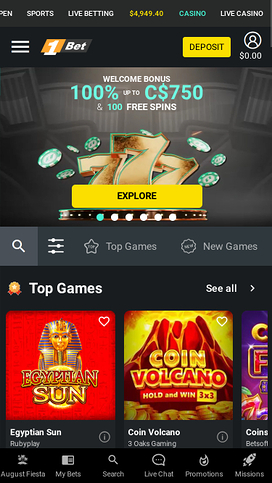 1Bet Casino Mobile Homepage