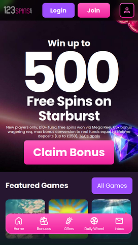 123Spins Casino Mobile Homepage