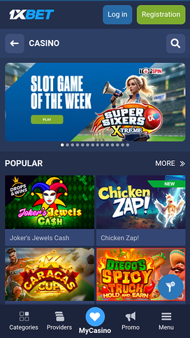1xBet Casino Mobile Homepage