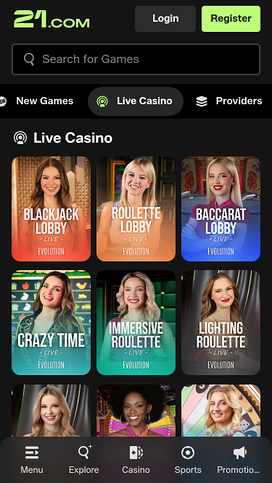 21.com Casino Mobile Live Dealer