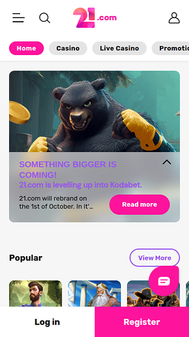 21.com Casino Mobile Homepage
