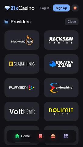 21kCasino game developers mobile page