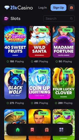 21kCasino games mobile page