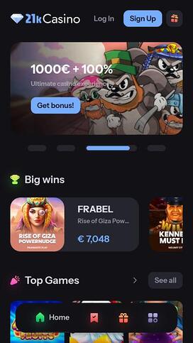 21kCasino mobile homepage