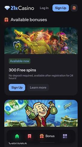 21kCasino promotions mobile page