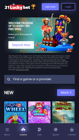 21LuckyBet Casino Mobile Homepage