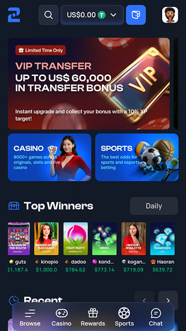Página de inicio móvil del casino 2up