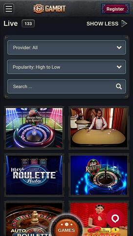Página móvil del casino 666 Gambit con crupier en vivo