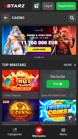 Página de inicio móvil del casino 888STARZ