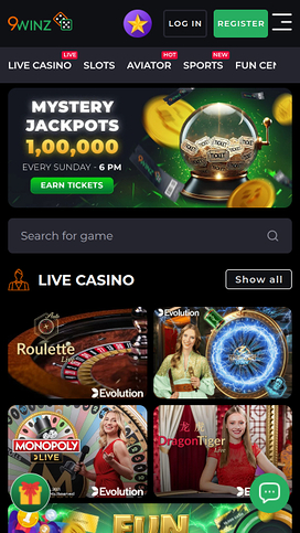 9Winz Casino Mobile Homepage