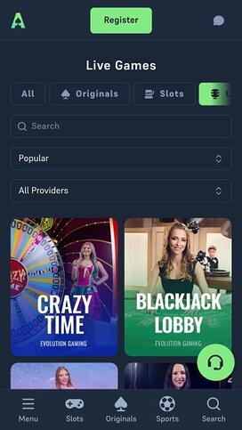 Acebet Casino live dealer mobile page