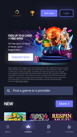 Aced Bet Casino Mobile Homepage