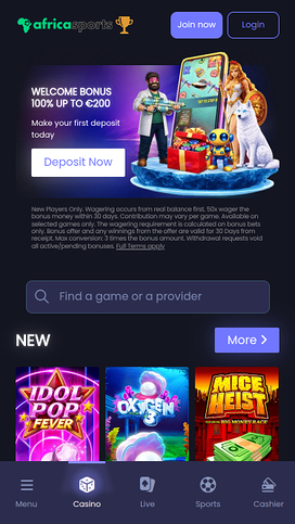 AfricaSports Casino Mobile Homepage