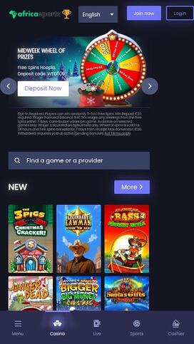 AfricaSports Casino Homepage Mobile