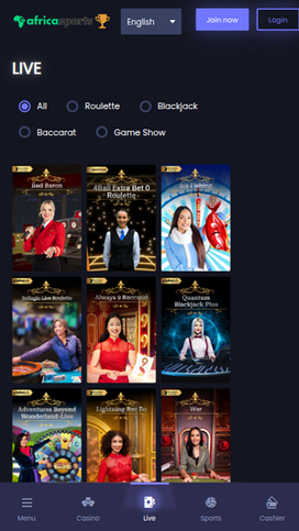 AfricaSports Casino Live Dealer Mobile