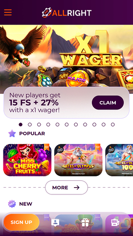 All Right Casino Mobile Homepage