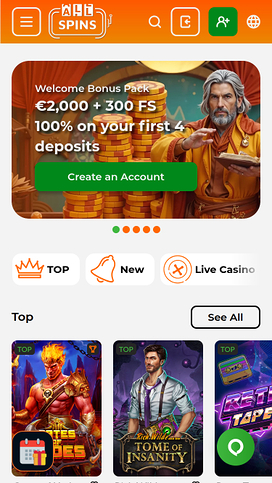AllSpins Casino Mobile Homepage