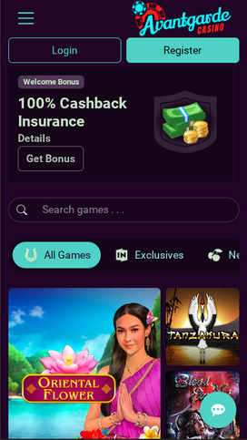 Avantgarde Casino mobile homepage interface
