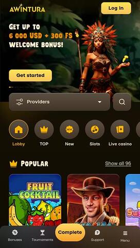 Página de inicio móvil del Casino Awintura