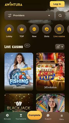 Página móvil del casino Awintura con crupier en vivo
