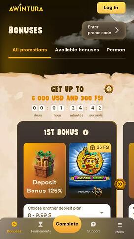 Página móvil de promociones del Casino Awintura