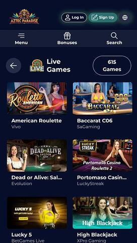 Aztec Paradise Casino live dealer mobile page