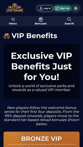 Aztec Paradise Casino VIP mobile page