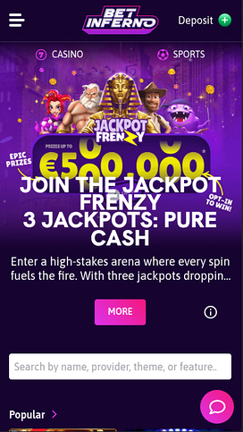 Bet Inferno Casino Mobile Homepage