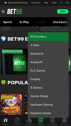 Bet99 Casino Mobile Game Developers