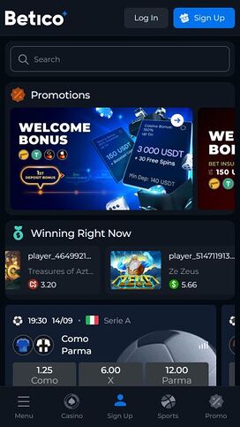 Betico Casino Mobile Homepage