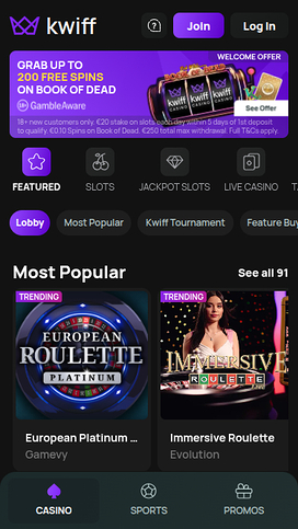 BetKwiff Casino Mobile Homepage