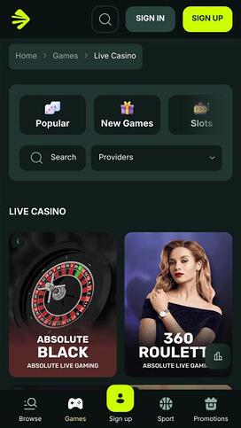 Página móvil del casino BetNjet con crupier en vivo