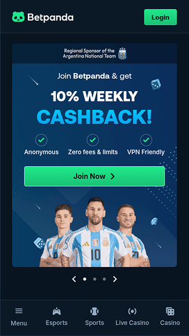 Página de inicio móvil de BetPanda Casino