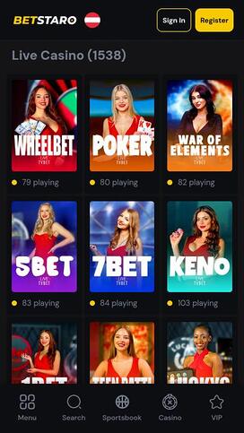 BetStaro Casino live dealer mobile page