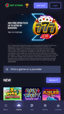 BetStorm Casino Mobile Homepage