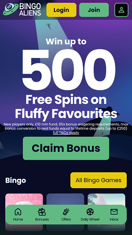 Bingo Aliens Casino Mobile Homepage