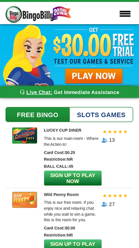 Bingo Billy Casino Mobile Homepage