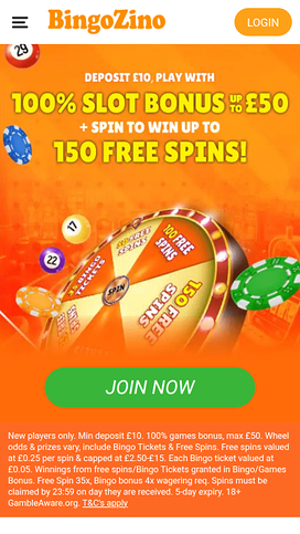 BingoZino Casino Mobile Homepage