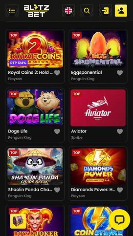 Blitzbet Casino games mobile page