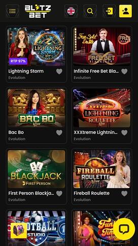 Blitzbet Casino live dealer mobile page