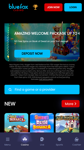 Blue Fox Casino Mobile Homepage