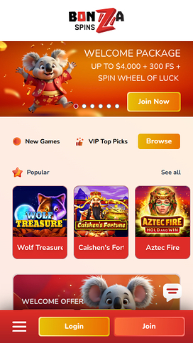 Bonza Spins Casino Mobile Homepage