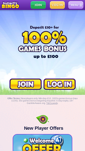 Butterfly Bingo Mobile Homepage