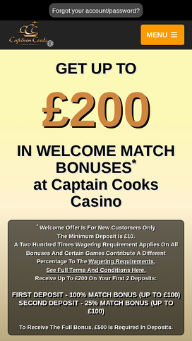 Captain Cooks Casino Mobile Homepage