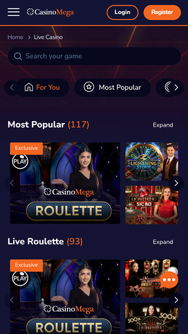 Casinomega live dealer mobile