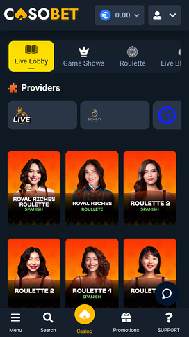 Casobet Casino Live Dealer Mobile