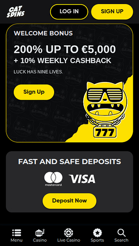 Homepage screenshot of Cat Spins Casino for Mobile