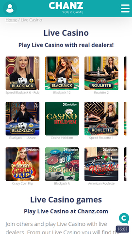 Chanz Casino live dealer mobil
