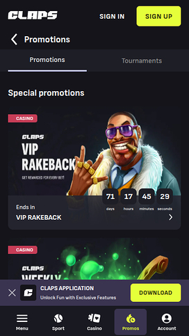 Promotions screenshot of Claps Casino for Mobile