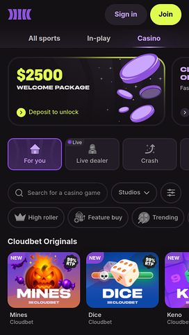 Cloudbet Casino Homepage Mobile